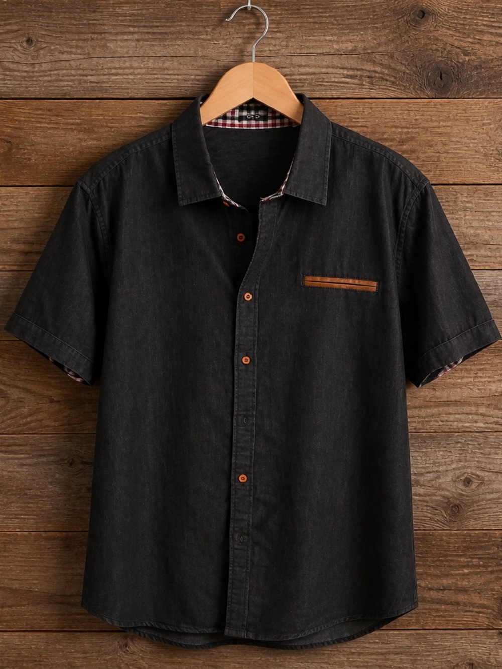 Men's Casual Black Short-Sleeve Button-Down Shirt with Contrast Trim